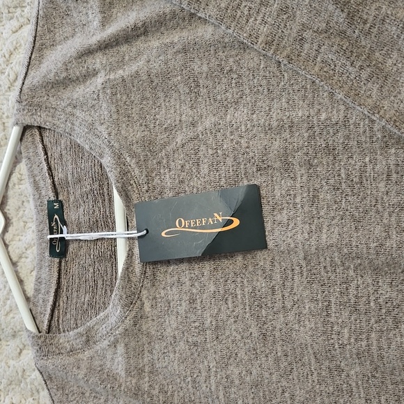 OFEEFAH Women's Taupe Tunic Dress Pockets, Long Sleeves, Crew Neck, Buttons Side - Picture 2 of 5